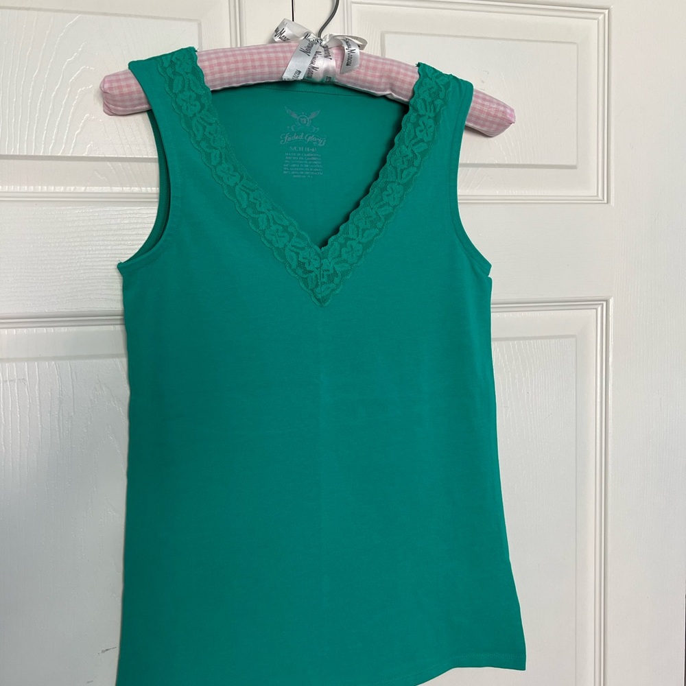 Faded Glory Teal Green Stretch Sleeveless Lace Trim V-Neck Top